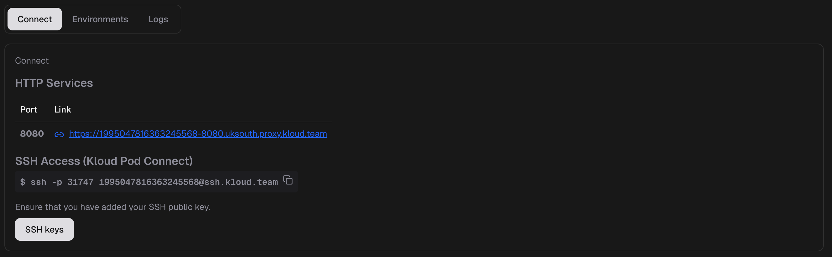Pod Dashboard - Proxy URLs and SSH Connect